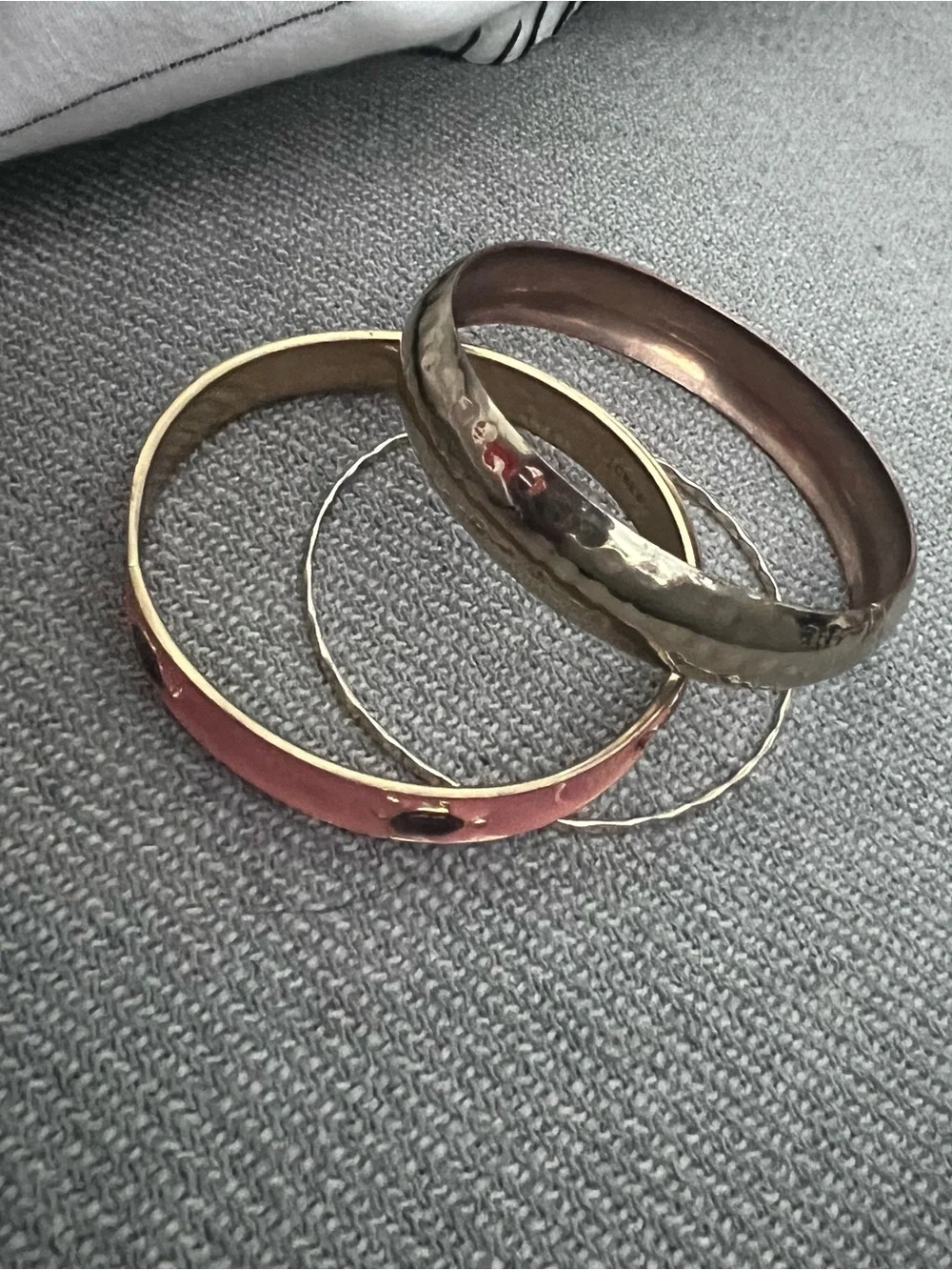 Mixed Metal Women's Bangle Set - Gold Wire, Hammered Gold, Coral Enamel